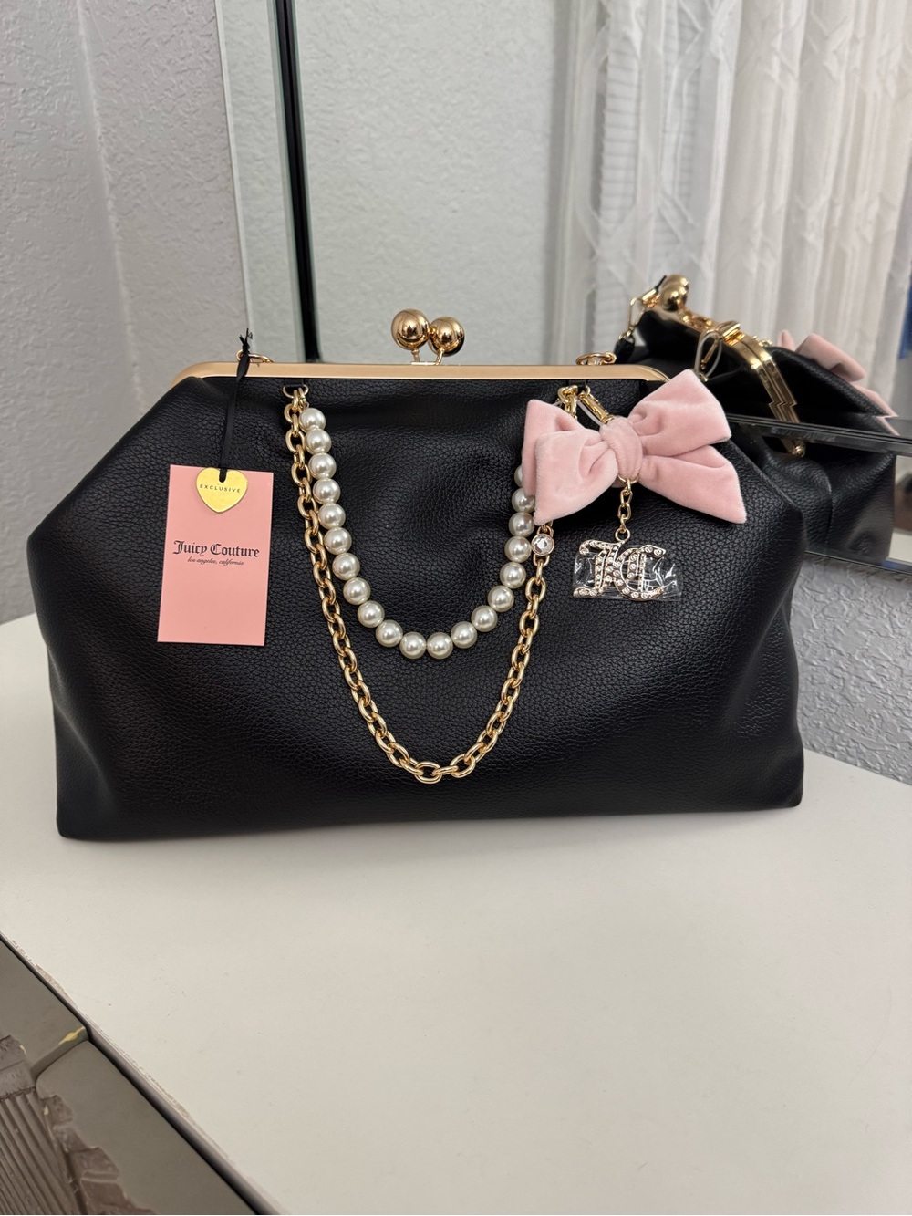 Juicy Couture Kisslock Black Shoulder Bag Lrg Clutch Pink Bow, Pearl Gold Chains